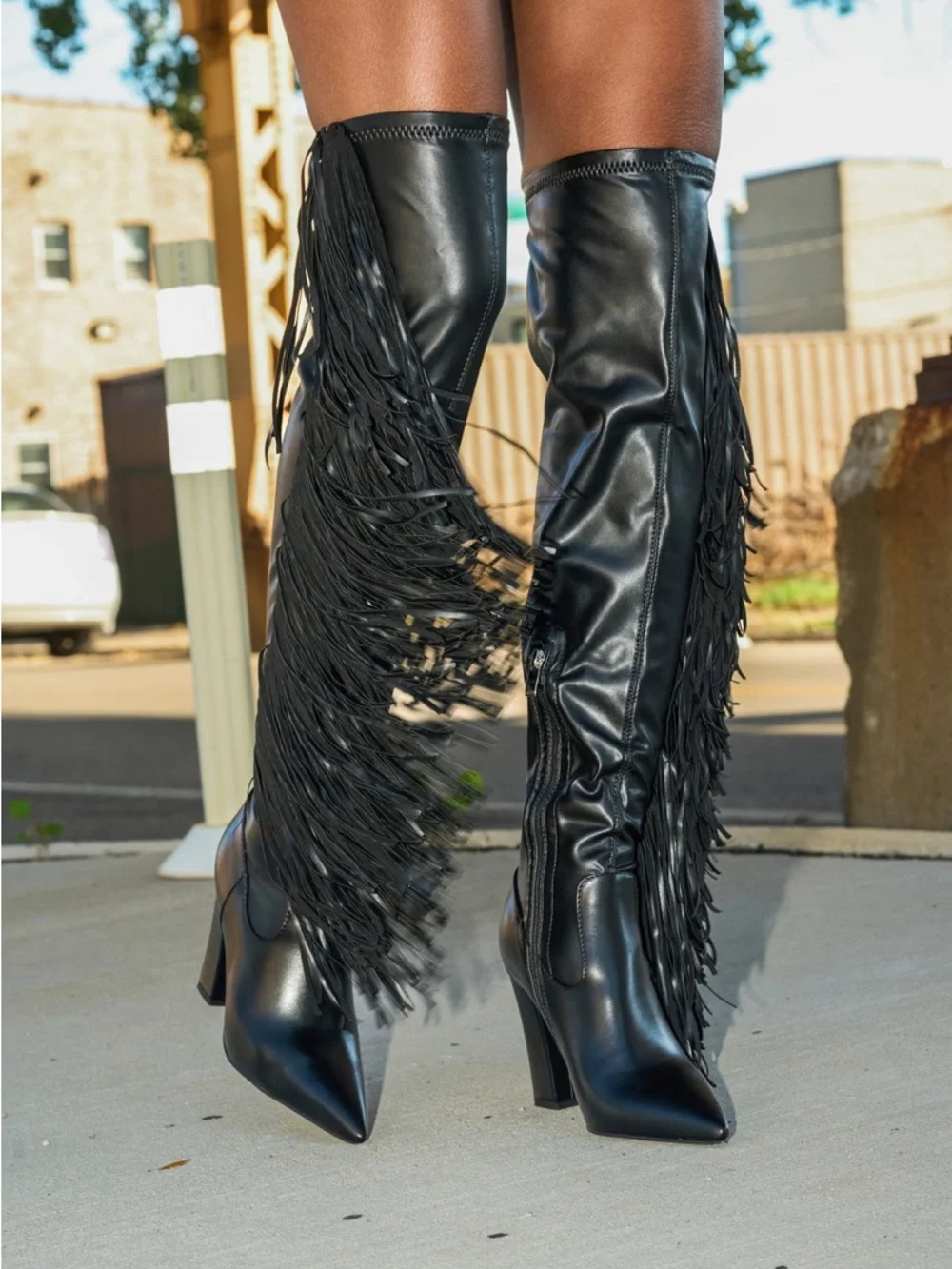 Fringe Over-the-Knee Boots — Black Leather Knee-Highs